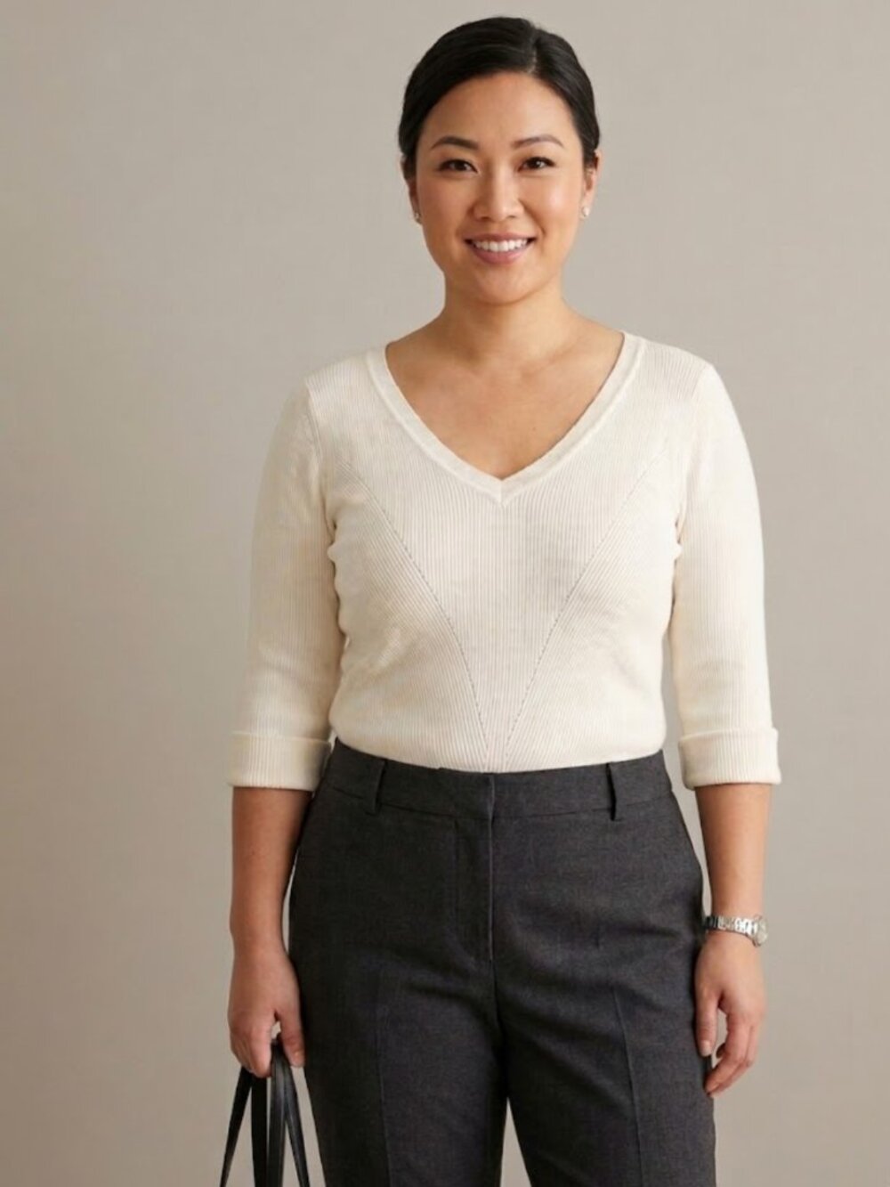 IRIS SETLAKWE Cream V-Neck Ribbed Top Classic Capsule Chic Professional Size XL
